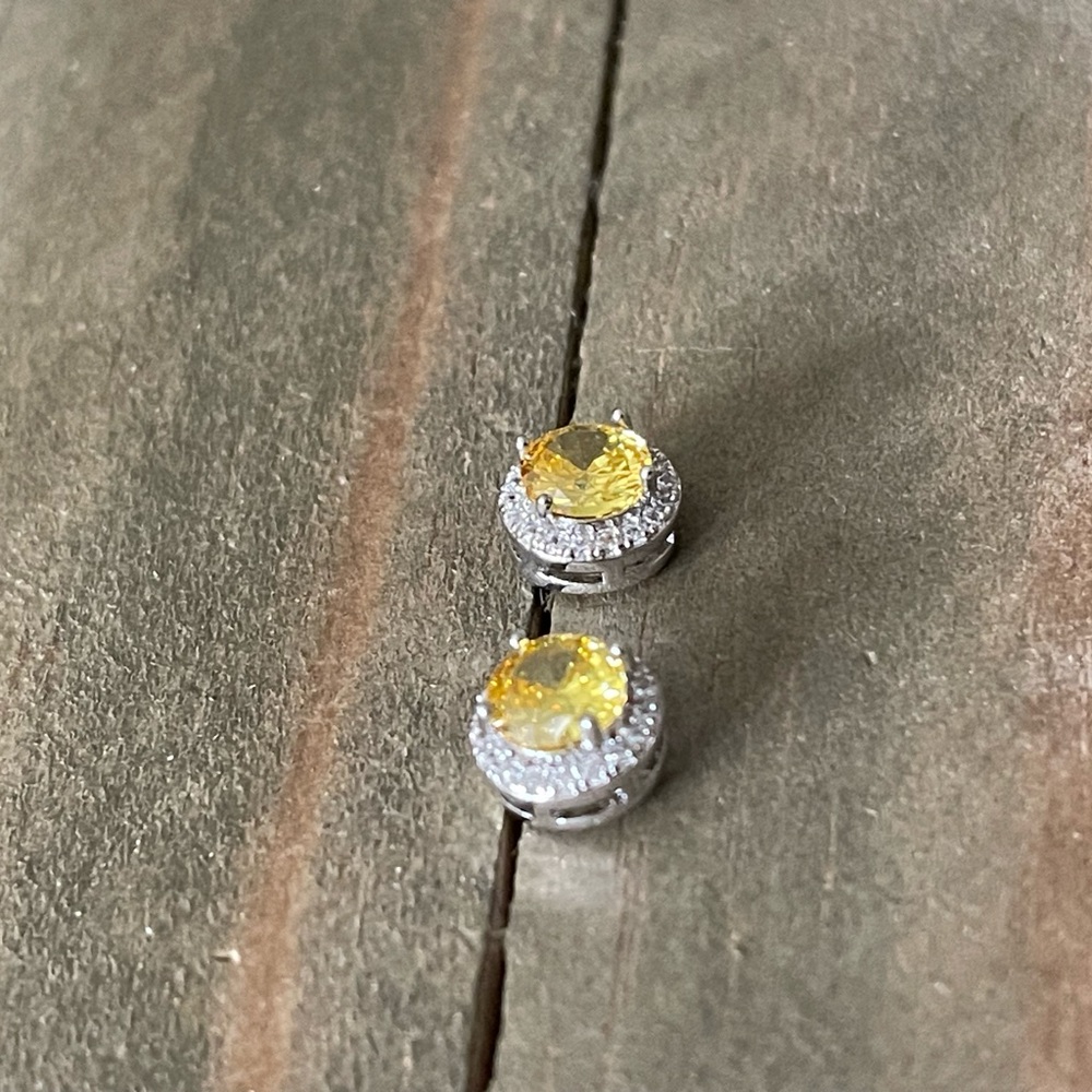 Cubic Zirconia Citrine Yellow, Lab Created Stud Dainty Luxury Glam Earrings - Picture 5 of 9